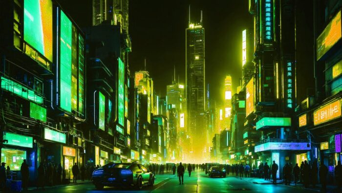 Eine futuristische Stadt bei Nacht, erleuchtet von zahlreichen Neonlichtern in kräftigen Grün- und Gelbtönen. Wolkenkratzer mit leuchtenden Werbetafeln säumen die Straße, die von Menschen belebt ist. Auf der Straße fahren Autos, deren Rücklichter im dämmrigen Licht zu sehen sind. Die Atmosphäre wirkt lebendig und fast wie aus einem Science-Fiction-Film.